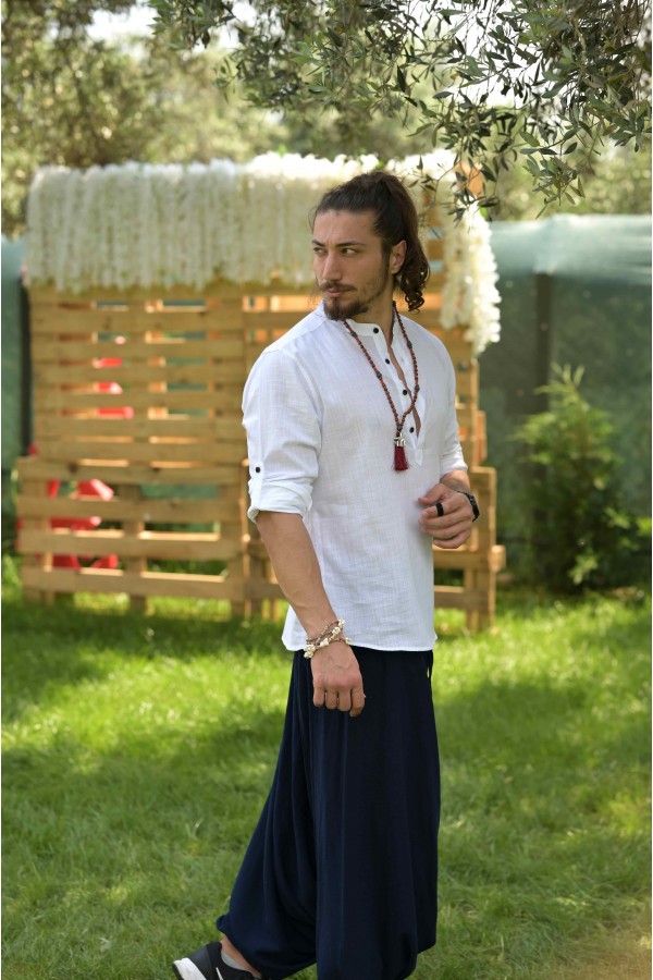 PERSES HAKİM YAKA MANŞETLİ YARIM PATLI GÖMLEK - BEYAZ